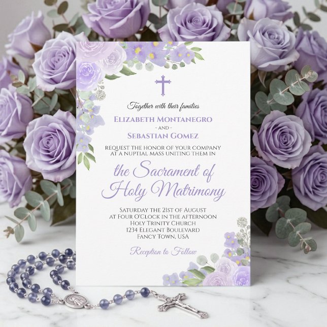 Invitation Mariage Catholique Moderne Floral Violet Lavande (Créateur téléchargé)