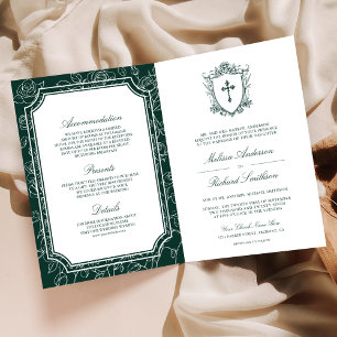 Invitation Mariage catholique QR Code vert émeraude victorien