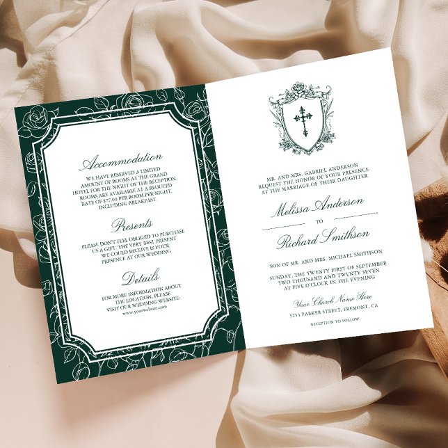 Invitation Mariage catholique QR Code vert émeraude victorien (Créateur téléchargé)