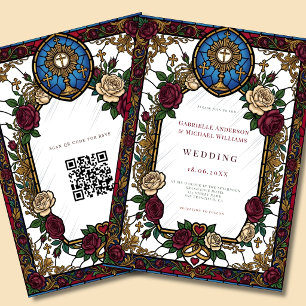 Invitation Mariage Catholique QR Vitrail Rose Bourgogne