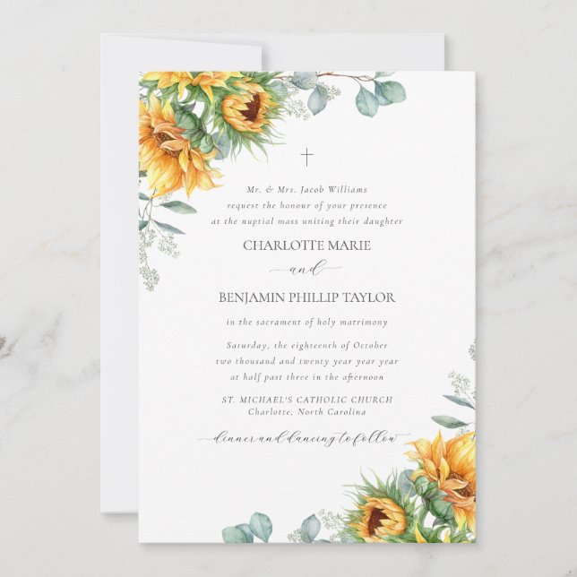Invitation Mariage catholique rustique aux tournesols de Char (Devant)