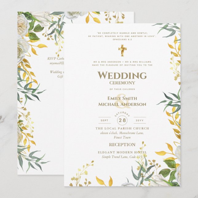 Invitation Mariage Catholique Tout-en-1 Blanc Or Végétal (Devant / Derrière)