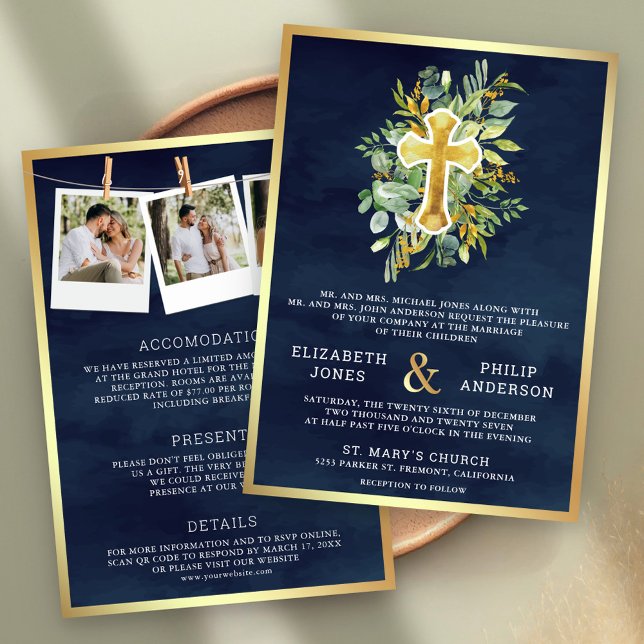Invitation Mariage Catholique Tout en Un Vert Navy Or (Créateur téléchargé)