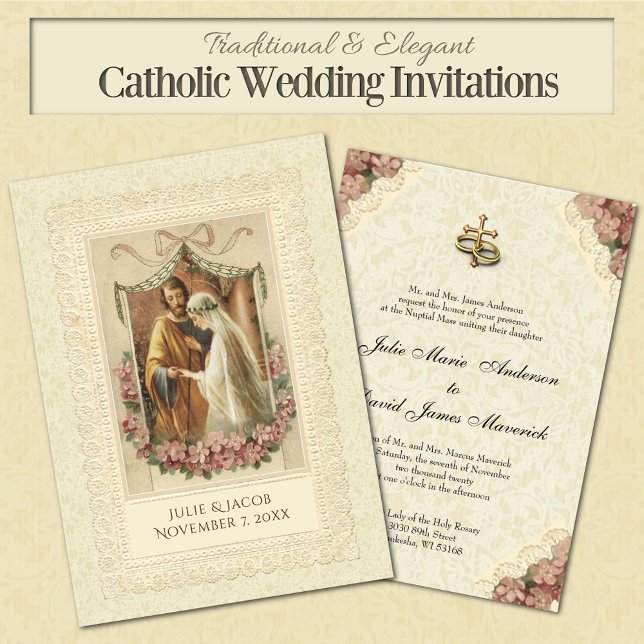 Invitation Mariage Catholique Traditionnel Mariée Marié (Traditional Catholic Wedding Invitations with a vintage image of the betrothal of Mary and Joseph)
