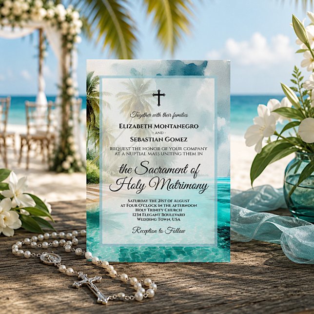 Invitation Mariage Catholique Tropical de Plage à l'Aquarelle (Créateur téléchargé)