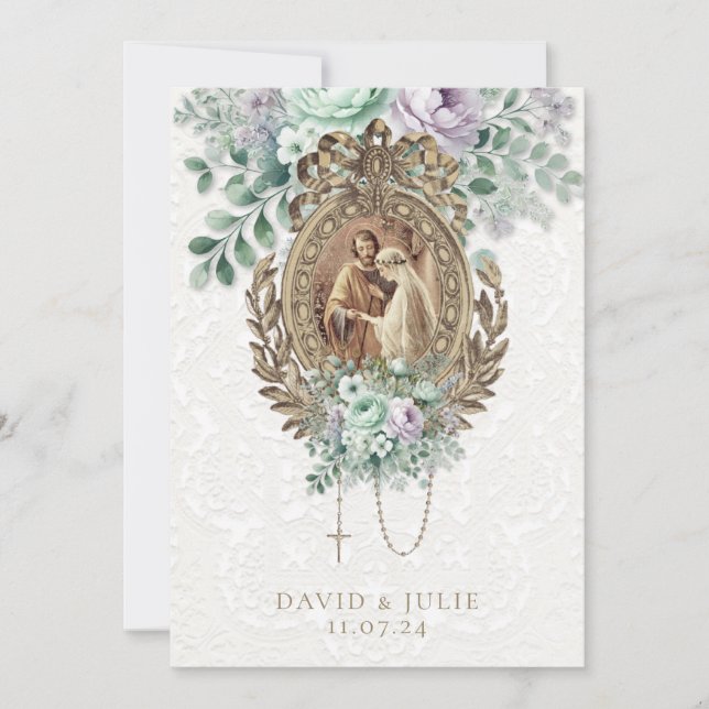 Invitation Mariage catholique vert menthe et lavande (Devant)
