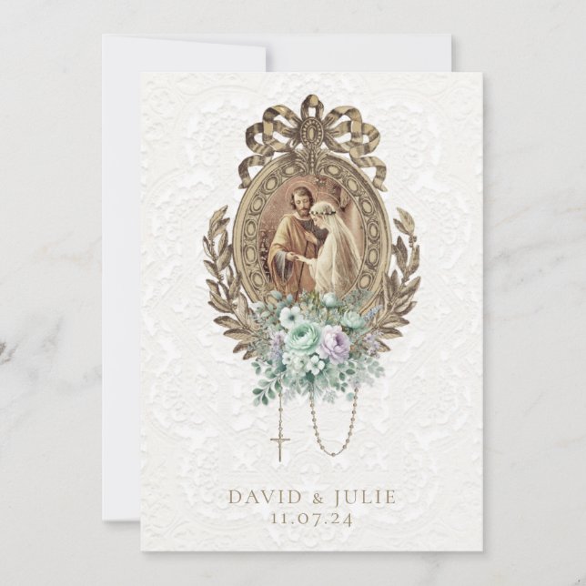 Invitation Mariage Catholique Vintage Église Menthe Lavande (Devant)
