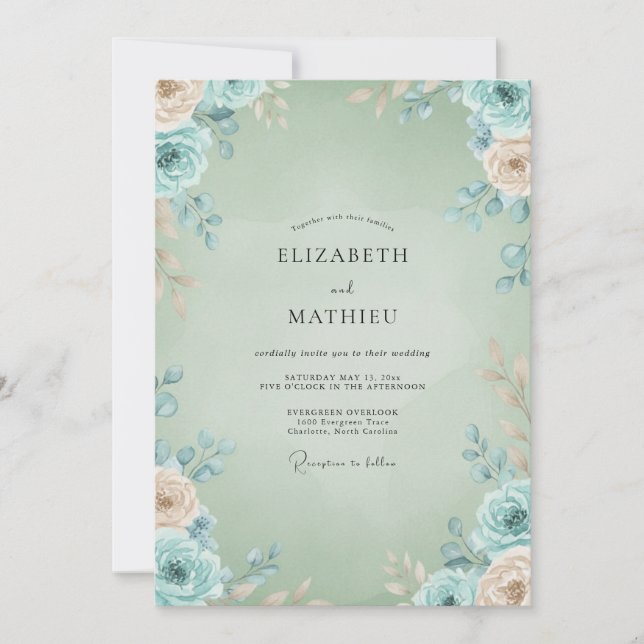 Invitation Mariage Celadon Aqua Petal (Devant)
