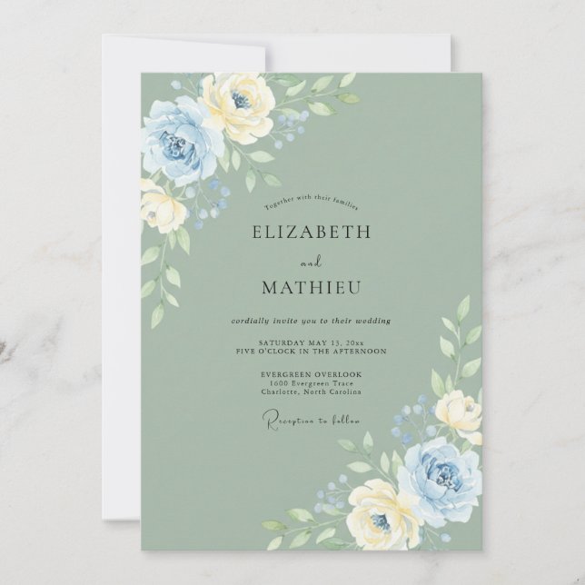 Invitation Mariage Céladon Pivoine Bleuet (Devant)