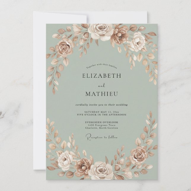 Invitation Mariage Céladon Pivoine Champagne (Devant)