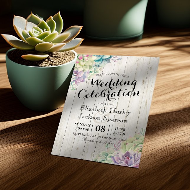 Invitation Mariage Célébration Plantes succulents Bois rustiq (Créateur téléchargé)