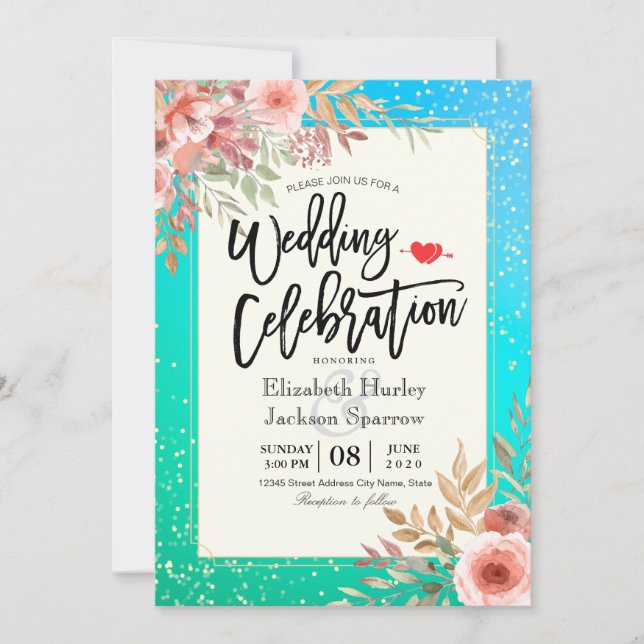 Invitation Mariage Célébration rose Floral Turquoise or Confe (Devant)
