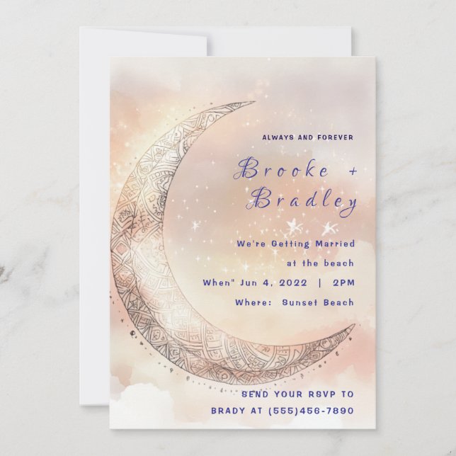 Invitation Mariage céleste au croissant de lune pastel (Devant)