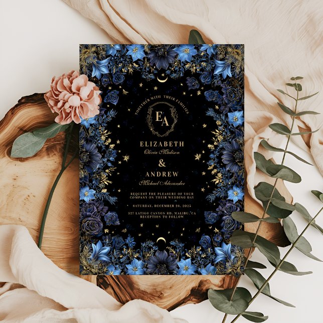 Invitation Mariage céleste aux fleurs de saphir (Créateur téléchargé)