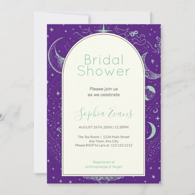 Invitation Mariage Céleste avec Lune et Étoiles Violet et Ver (Devant)