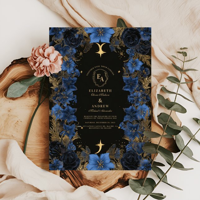 Invitation Mariage céleste bleu et or de minuit (Créateur téléchargé)
