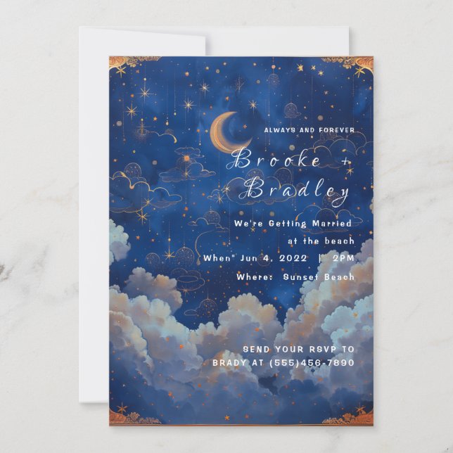 Invitation Mariage céleste bleu foncé et or (Devant)