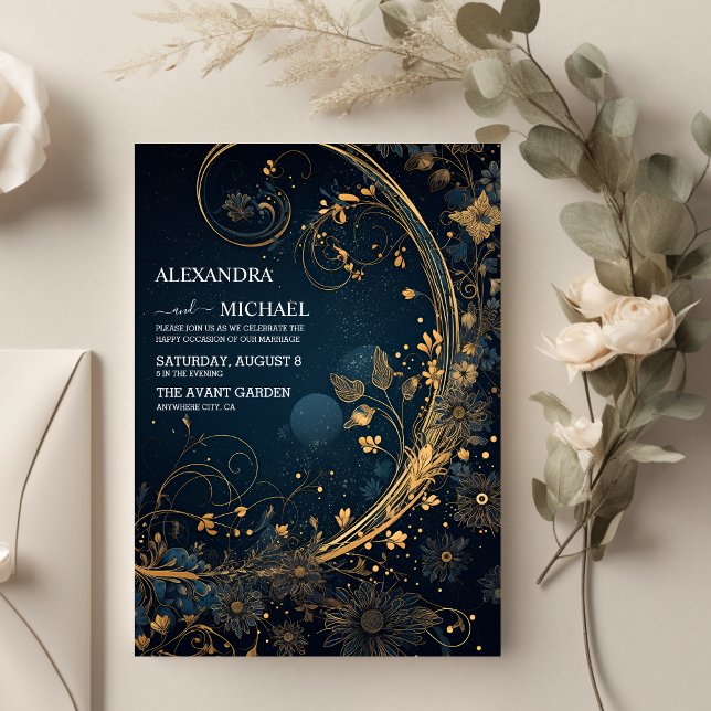 Invitation Mariage céleste bleu mystique minuit or (Créateur téléchargé)