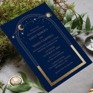 Invitation Mariage Céleste Bleu Nuit Or Soleil Lune Étoiles