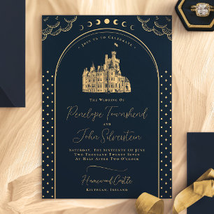 Invitation Mariage céleste bleu or château vintage Navy