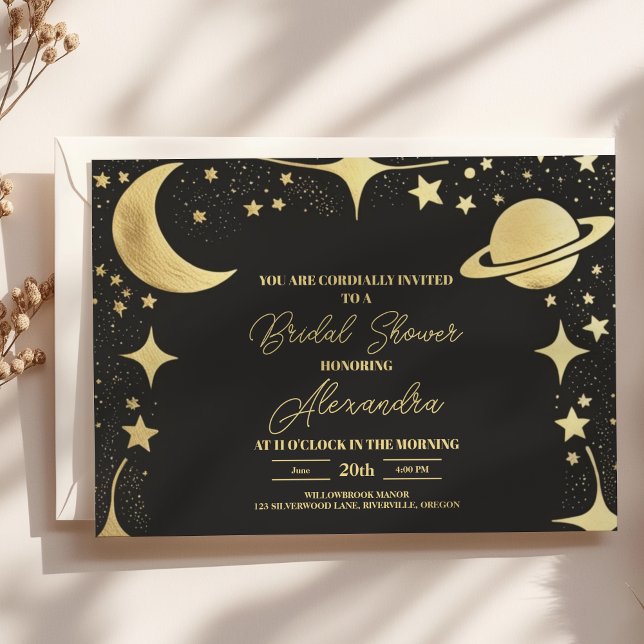 Invitation Mariage Céleste Croissant de Lune en Or Noir (Créateur téléchargé)