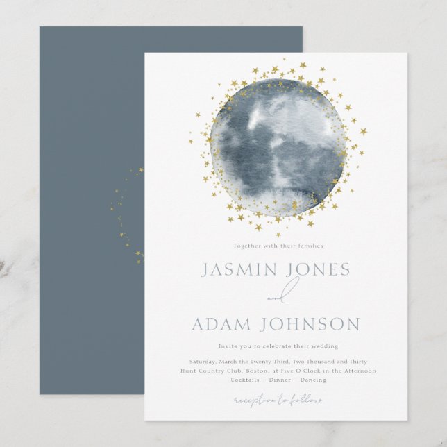Invitation Mariage céleste de la Lune bleue élégante (Devant / Derrière)