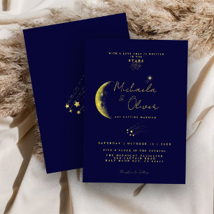 Invitation Mariage céleste de la lune de croissant bleu or mi