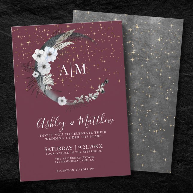 Invitation Mariage céleste de la lune d'or de Bourgogne (Burgundy Gold Moon Celestial Wedding Invitation )