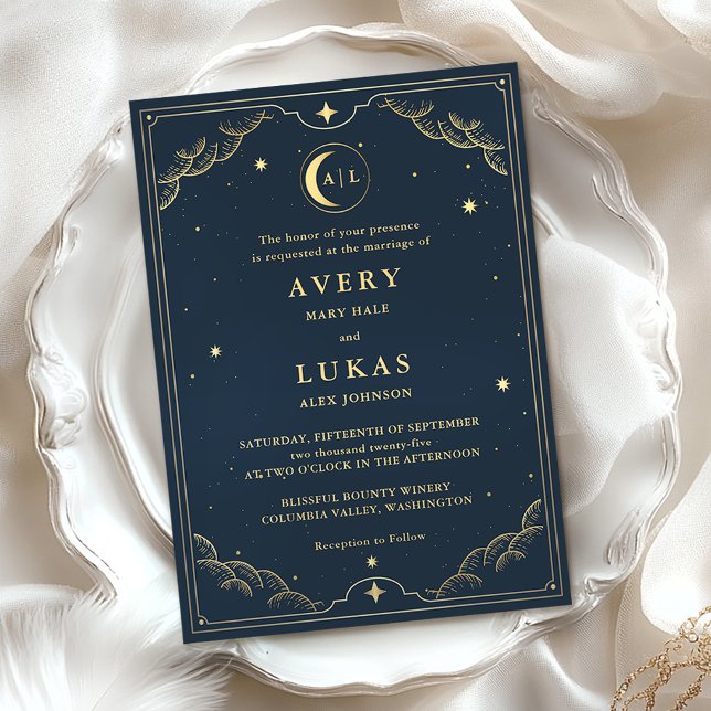 Invitation Mariage céleste de minuit bleu étoiles de lune (Créateur téléchargé)