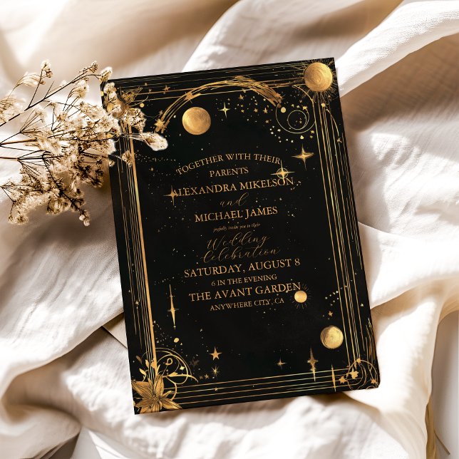 Invitation Mariage céleste de minuit noir étoiles lune (Créateur téléchargé)