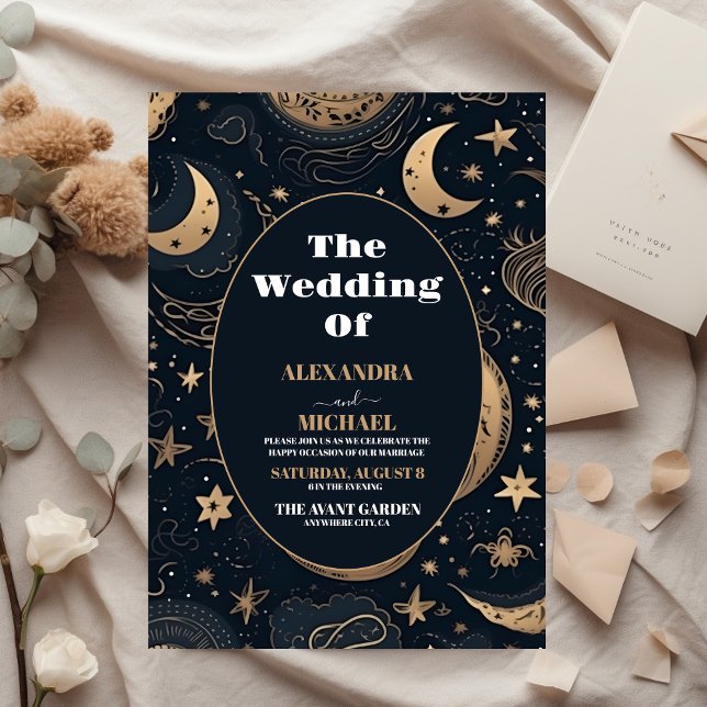 Invitation Mariage céleste d'or bleu de minuit (Créateur téléchargé)