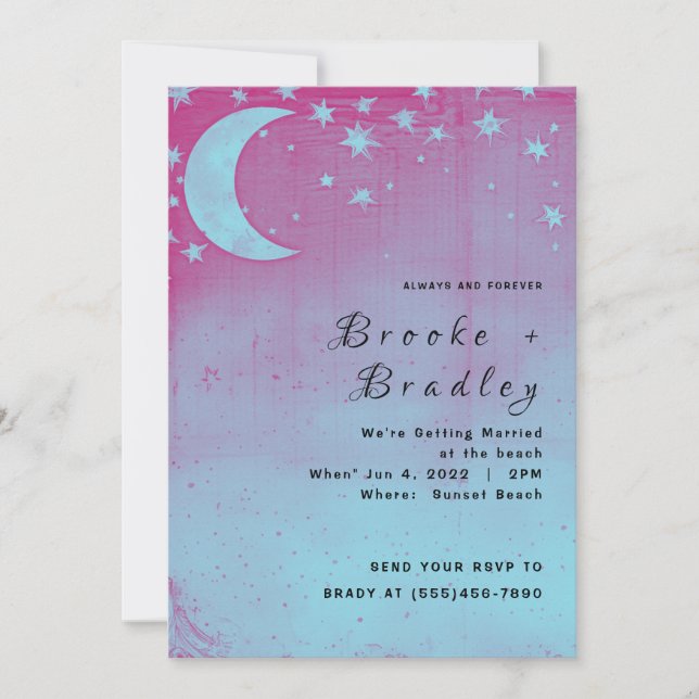 Invitation Mariage céleste du croissant de lune rose et bleu (Devant)