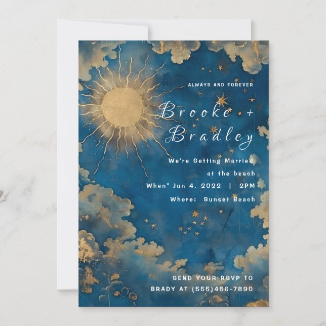 Invitation Mariage céleste du Soleil et des Étoiles dorés (Devant)