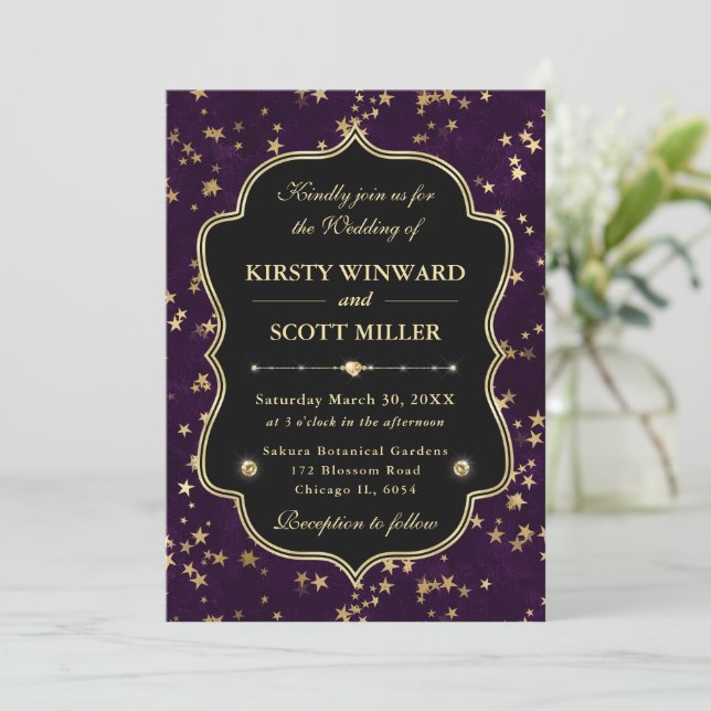 Invitation Mariage céleste étoilé élégant violet et or (Debout devant)