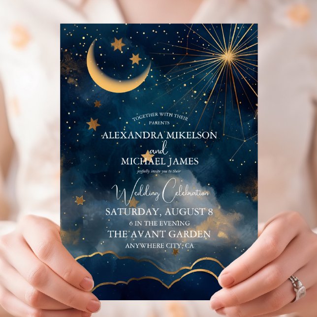 Invitation Mariage Céleste Étoiles Lune Bleu Minuit (Créateur téléchargé)