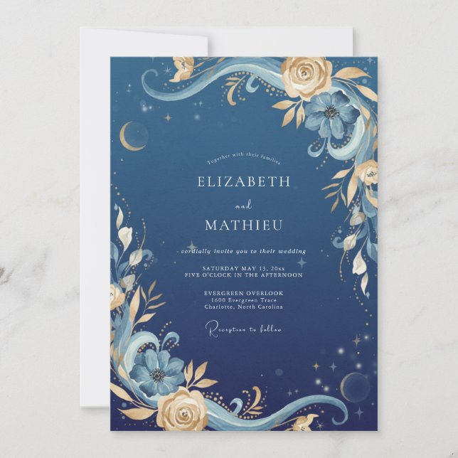 Invitation Mariage céleste Eucalyptus Or de minuit (Devant)