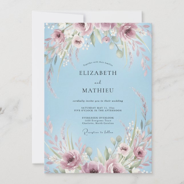 Invitation Mariage Céleste Fleur Sauvage Bleu Ciel (Devant)