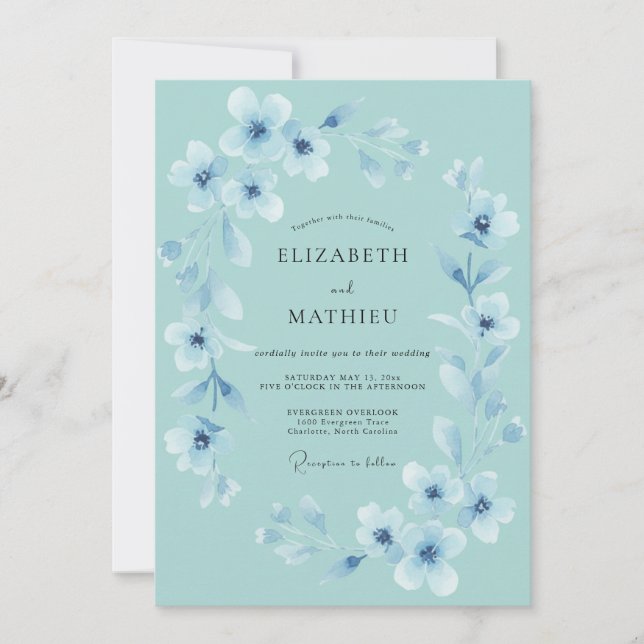 Invitation Mariage Céleste Fleurissant de Bleu Ciel (Devant)