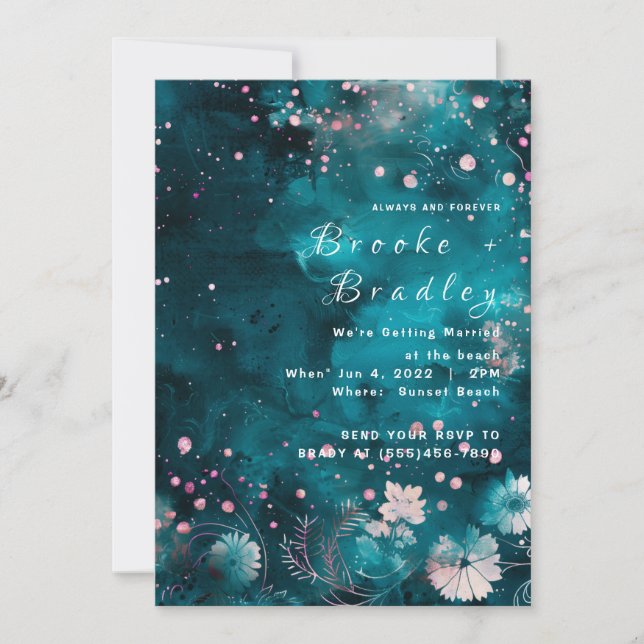 Invitation Mariage céleste floral aquarelle sarcelle (Devant)
