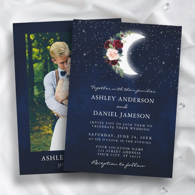 Invitation Mariage céleste Floral Moon Stars Photo (Customize to change text size or text style.)