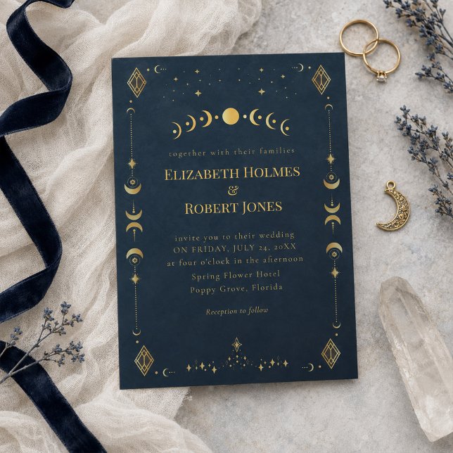 Invitation Mariage céleste gothique bleu de minuit or (Celestial Gothic Midnight Blue Gold Wedding Invitation)