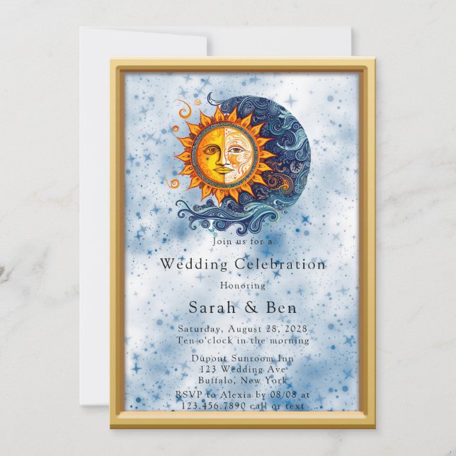 Invitation Mariage céleste jaune bleu soleil lune (Devant)
