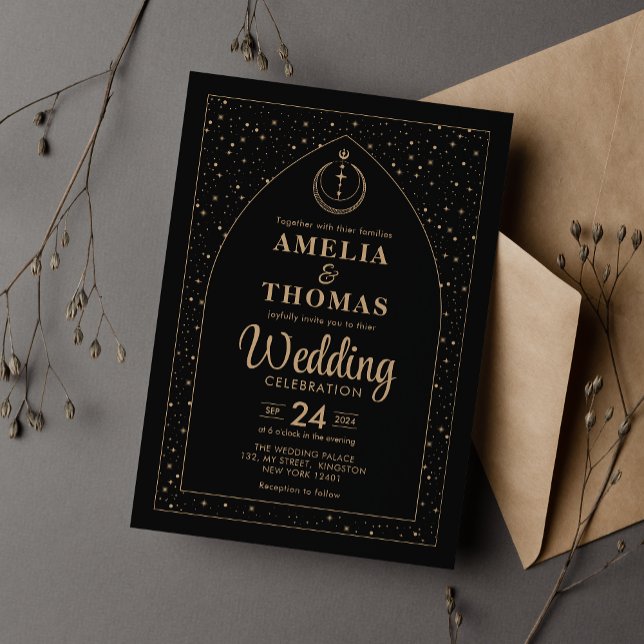 Invitation Mariage céleste Lune et Étoile Noire et Or (Créateur téléchargé)