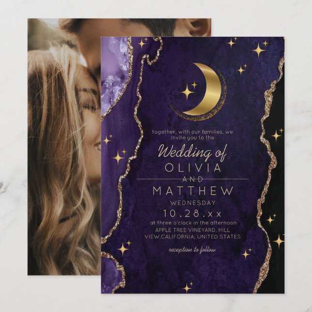 Invitation Mariage céleste Minuit Étoiles Violettes & Lune  (Devant / Derrière)