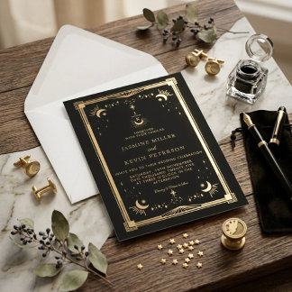 Invitation Mariage céleste mystique lune étoile forêt verte