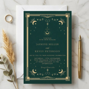 Invitation Mariage céleste mystique lune étoile forêt verte