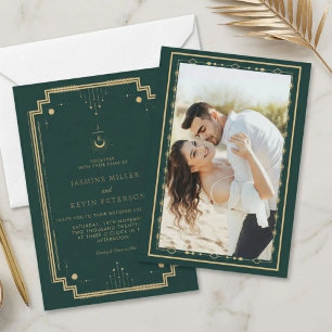 Invitation Mariage céleste mystique lune étoile forêt verte 