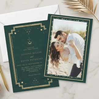 Invitation Mariage céleste mystique lune étoile forêt verte