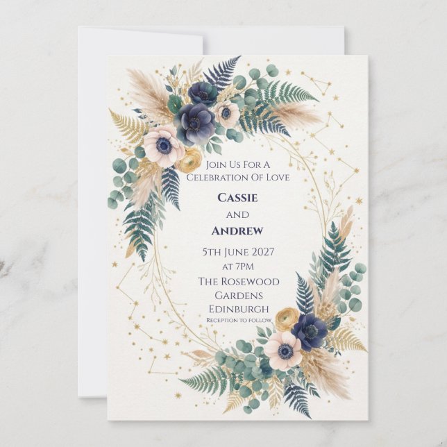 Invitation Mariage céleste Navy Ivoire Anémone Or (Devant)