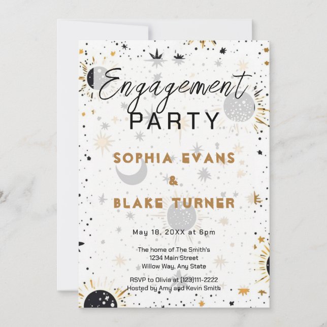 Invitation Mariage Céleste Noir et Or Engagement Party (Devant)